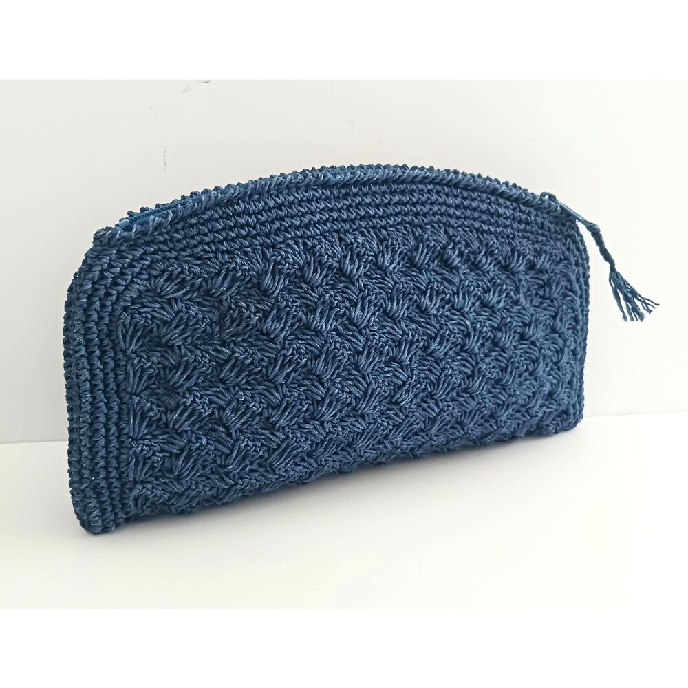 VTG 60s Woven Raffia Lg Clutch Bag Made in Japan Royal Blue Zip Top